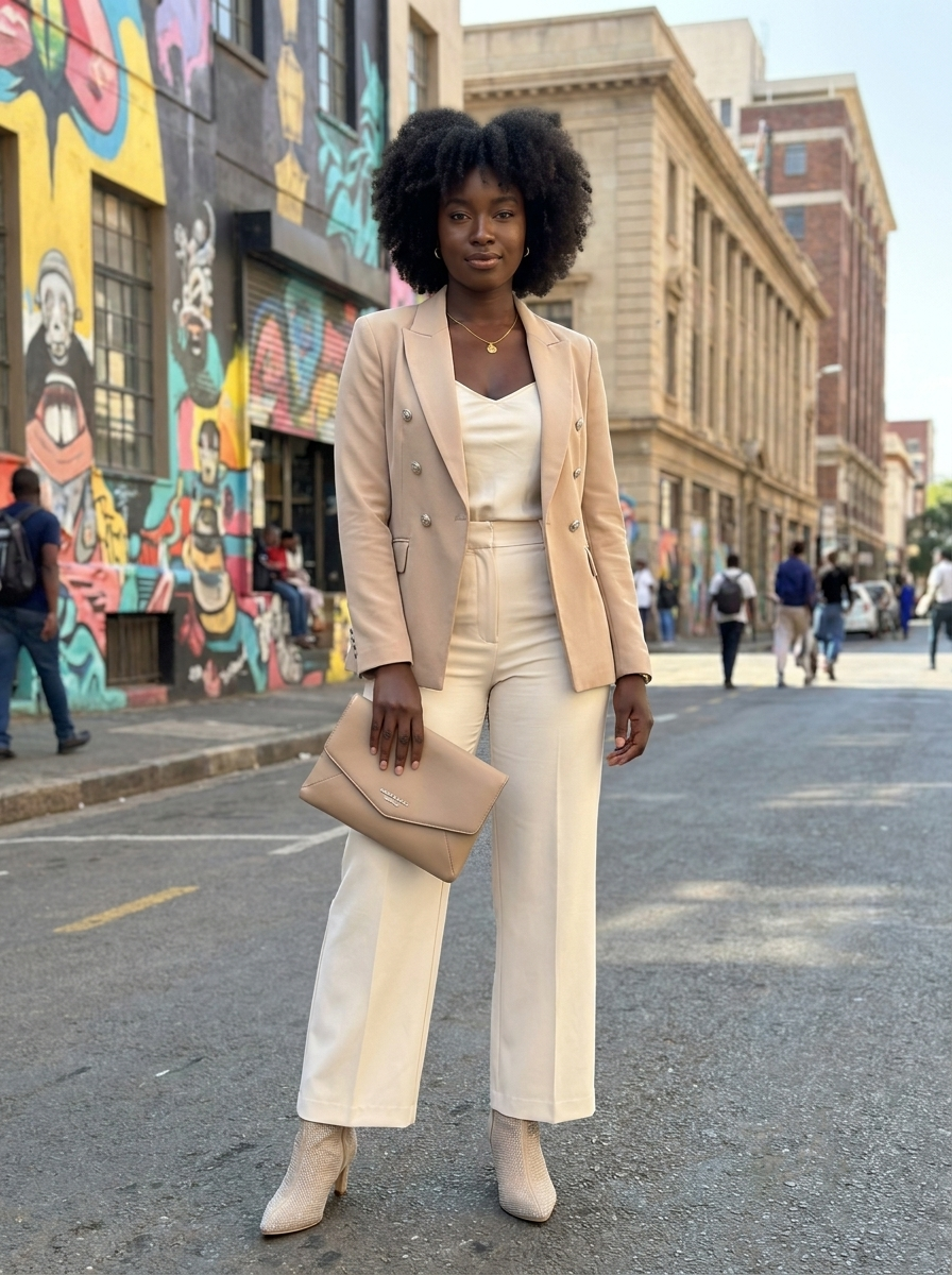 Bronx Woman styled in tailored neutrals on a Johannesburg street